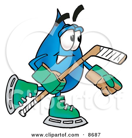 Clipart Picture of a Water Drop Mascot Cartoon Character Playing Ice Hockey by Mascot Junction