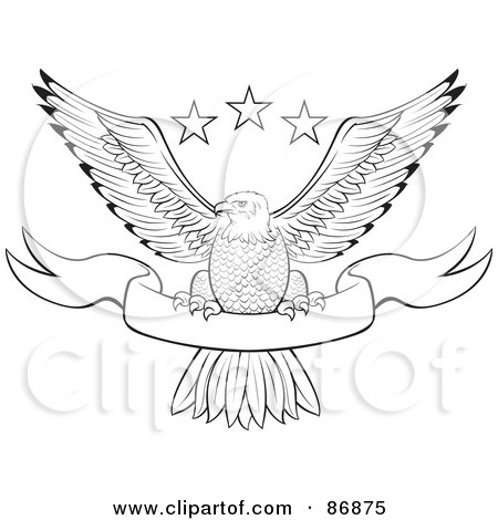 Royalty-Free (RF) Clipart Illustration of a Black And White Outlined Bald Eagle With Stars And A Banner by Paulo Resende