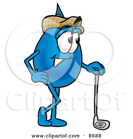 Clipart Picture of a Water Drop Mascot Cartoon Character Leaning on a Golf Club While Golfing by Mascot Junction