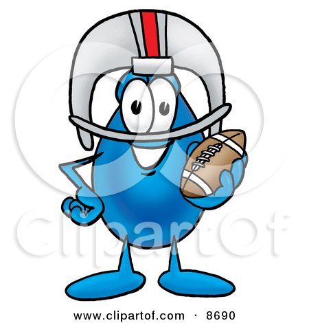 Clipart Picture of a Water Drop Mascot Cartoon Character in a Helmet, Holding a Football by Mascot Junction