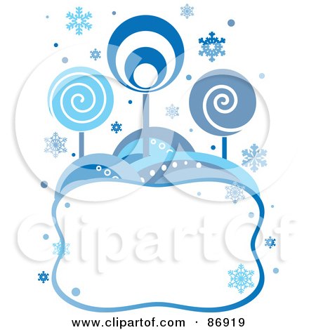 Royalty-Free (RF) Clipart Illustration of a Retro Styled Background Of Blue Circle Trees And Snowflakes Over A Blank Text Box by Pushkin