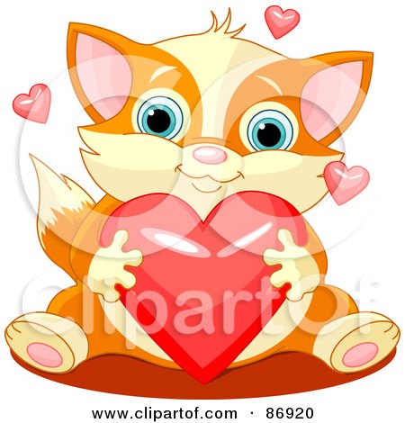 Royalty-Free (RF) Clipart Illustration of a Cute Chubby Orange Kitten With Red And Pink Shiny Hearts by Pushkin