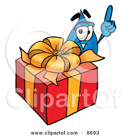 Clipart Picture of a Water Drop Mascot Cartoon Character Standing by a Christmas Present by Mascot Junction
