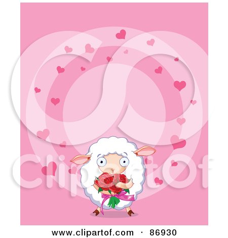 Royalty-Free (RF) Clipart Illustration of a Sweet Sheep Carrying A Bouquet Of Red Roses, On A Pink Circle Heart Background by Pushkin