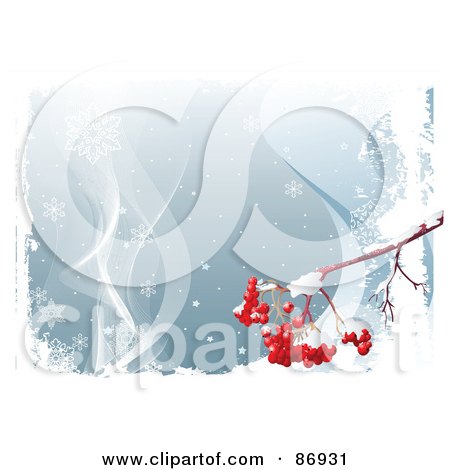 Royalty-Free (RF) Clipart Illustration of a Branch With Red Ash Berries, Suspended Out On A Blue Snowy Background by Pushkin