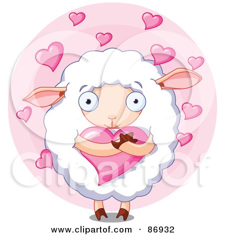 Royalty-Free (RF) Clipart Illustration of a Cute And Sweet Sheep Hugging A Heart, Over A Pink Circle Of Hearts by Pushkin