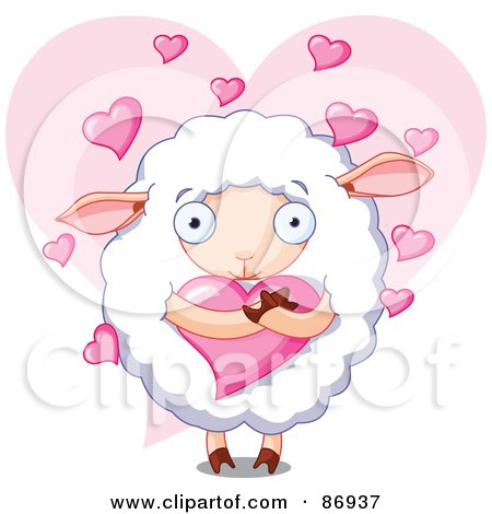 Royalty-Free (RF) Clipart Illustration of a Romantic Sheep Hugging A Heart, Over A Pink Heart by Pushkin