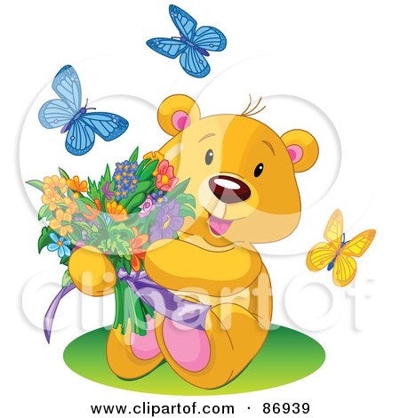 Royalty-Free (RF) Clipart Illustration of Butterflies Around A Sweet Teddy Bear Holding A Colorful Flower Bouquet by Pushkin