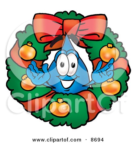 Clipart Picture of a Water Drop Mascot Cartoon Character in the Center of a Christmas Wreath by Mascot Junction
