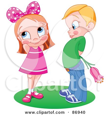 Royalty-Free (RF) Clipart Illustration of a Blond Boy Holding A Tulip Flower Behind His Back As A Girl Blushes by Pushkin