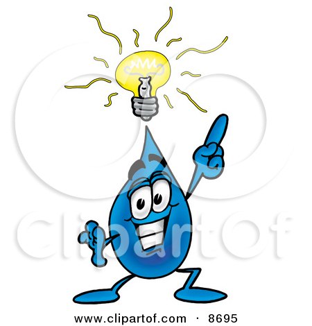 Clipart Picture of a Water Drop Mascot Cartoon Character With a Bright Idea by Mascot Junction