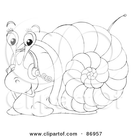 Royalty-Free (RF) Clipart Illustration of an Outlined Snail Listening To Music Through Headphones by Alex Bannykh