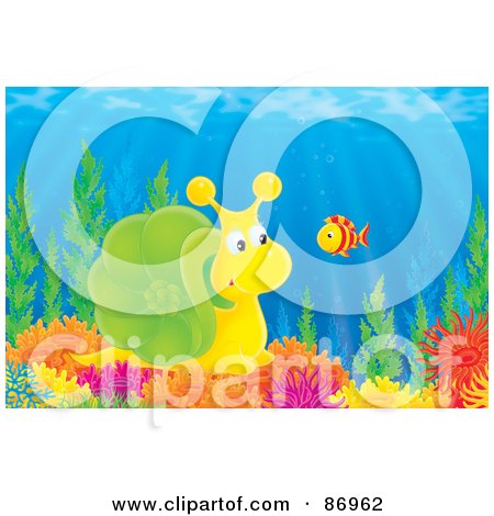 Royalty-Free (RF) Clipart Illustration of a Cute Yellow And Green Snail Watching A Fish On A Coral Reef by Alex Bannykh