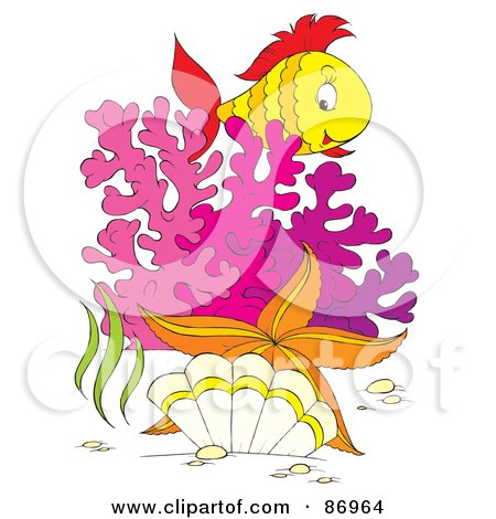 Royalty-Free (RF) Clipart Illustration of a Marine Fish Over Purple Corals by Alex Bannykh