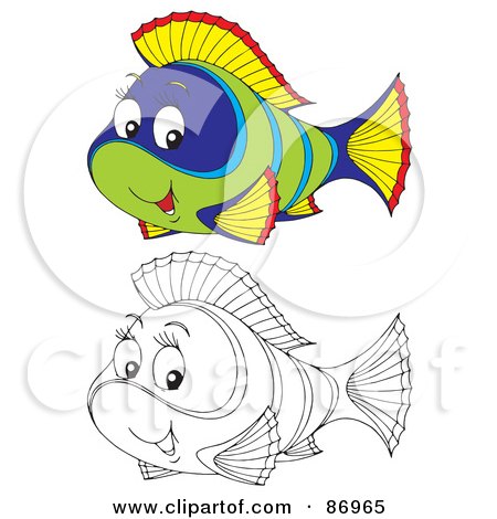 Royalty-Free (RF) Clipart Illustration of a Digital Collage Of Colored And Black And White Tropical Fish - Version 3 by Alex Bannykh