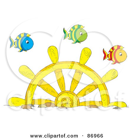 Royalty-Free (RF) Clipart Illustration of Marine Fish Swimming Over A Sunken Helm by Alex Bannykh