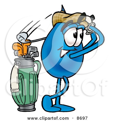 Clipart Picture of a Water Drop Mascot Cartoon Character Swinging His Golf Club While Golfing by Mascot Junction