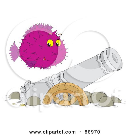 Royalty-Free (RF) Clipart Illustration of a Purple Blowfish Over A Sunken Canon by Alex Bannykh