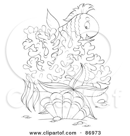 Royalty-Free (RF) Clipart Illustration of an Outlined Marine Fish Over Purple Corals by Alex Bannykh