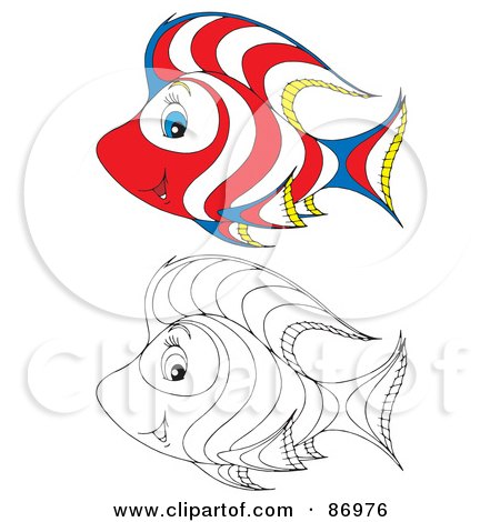 Royalty-Free (RF) Clipart Illustration of a Digital Collage Of Colored And Black And White Tropical Fish - Version 4 by Alex Bannykh