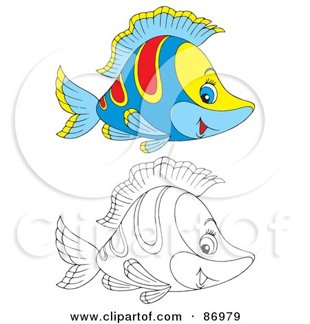 Royalty-Free (RF) Clipart Illustration of a Digital Collage Of Colored And Black And White Tropical Fish - Version 2 by Alex Bannykh