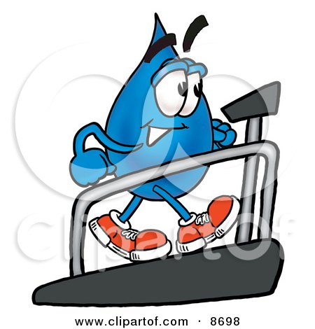 Clipart Picture of a Water Drop Mascot Cartoon Character Walking on a Treadmill in a Fitness Gym by Mascot Junction