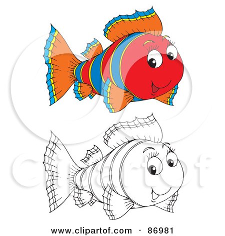 Royalty-Free (RF) Clipart Illustration of a Digital Collage Of Colored And Black And White Tropical Fish - Version 1 by Alex Bannykh