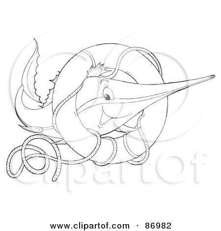 Royalty-Free (RF) Clipart Illustration of an Outlined Marlin Fish With A Life Buoy by Alex Bannykh