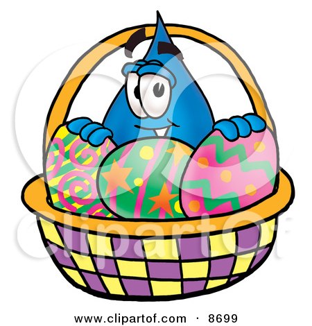 Clipart Picture of a Water Drop Mascot Cartoon Character in an Easter Basket Full of Decorated Easter Eggs by Mascot Junction
