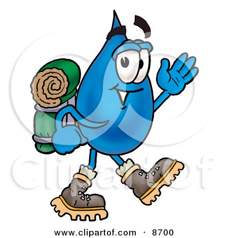 Clipart Picture of a Water Drop Mascot Cartoon Character Hiking and Carrying a Backpack by Mascot Junction