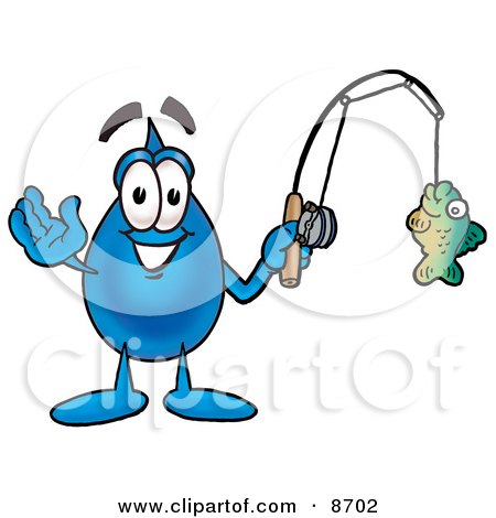Clipart Picture of a Water Drop Mascot Cartoon Character Holding a Fish on a Fishing Pole by Mascot Junction