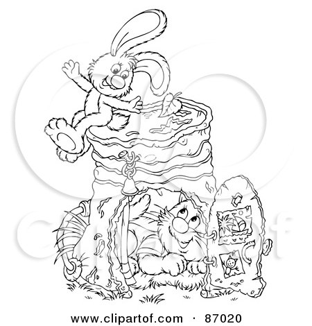 Royalty-Free (RF) Clipart Illustration of a Black And White Scene Of A Rabbit And Cat With A Pail by Alex Bannykh