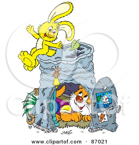 Royalty-Free (RF) Clipart Illustration of a Rabbit And Cat With A Pail by Alex Bannykh