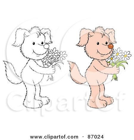 Royalty-Free (RF) Clipart Illustration of a Digital Collage Of Colored And Black And White Dog With Flowers by Alex Bannykh
