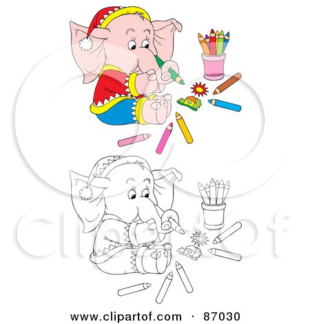 Royalty-Free (RF) Clipart Illustration of a Digital Collage Of Colored And Black And White Coloring Elephant by Alex Bannykh