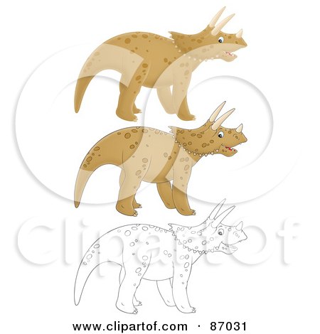 Royalty-Free (RF) Clipart Illustration of a Digital Collage Of Colored And Black And White Triceratops by Alex Bannykh