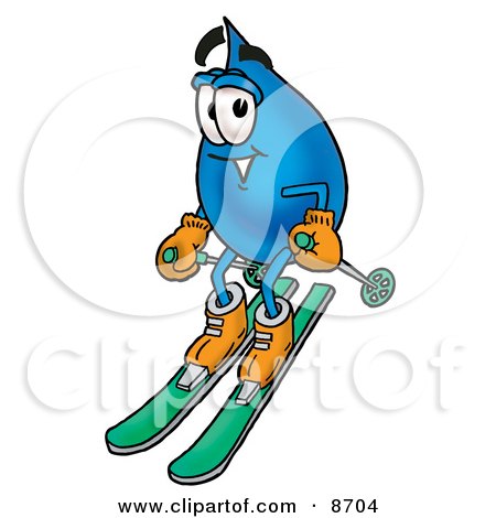 Clipart Picture of a Water Drop Mascot Cartoon Character Skiing Downhill by Mascot Junction