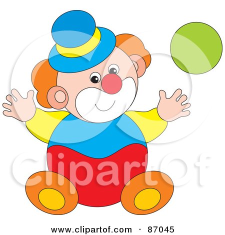 Royalty-Free (RF) Clipart Illustration of a Playful Circus Clown With A Green Ball by Alex Bannykh
