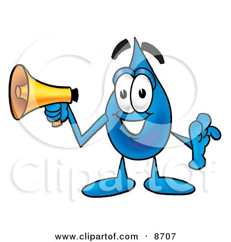 Clipart Picture of a Water Drop Mascot Cartoon Character Holding a Megaphone by Mascot Junction