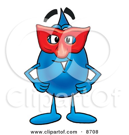 Clipart Picture of a Water Drop Mascot Cartoon Character Wearing a Red Mask Over His Face by Mascot Junction