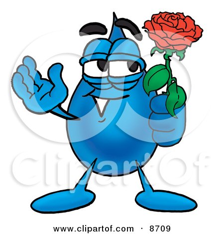 Clipart Picture of a Water Drop Mascot Cartoon Character Holding a Red Rose on Valentines Day by Mascot Junction
