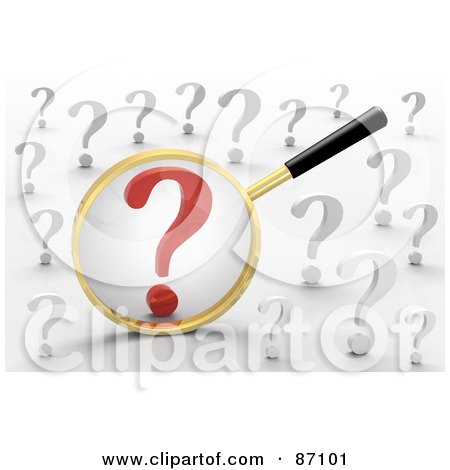 Royalty-Free (RF) Clipart Illustration of a 3d Golden Magnifying Glass Viewing A Red Question Mark In A Crowd Of White Ones by Tonis Pan
