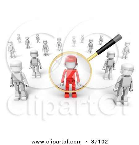 Royalty-Free (RF) Clipart Illustration of a 3d Golden Magnifying Glass Viewing A Red Man In A Crowd Of White Ones by Tonis Pan