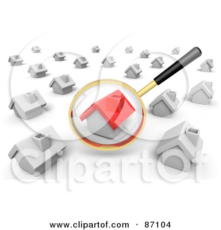 Royalty-Free (RF) Clipart Illustration of a 3d Golden Magnifying Glass Viewing A Red House In A Crowd Of White Ones by Tonis Pan