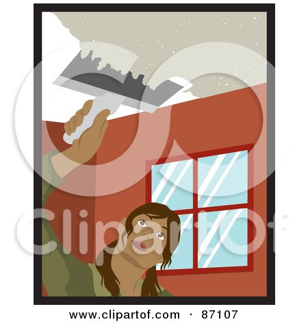 Royalty-Free (RF) Clipart Illustration of a Hispanic Woman Using A Scraper Tool To Remove Popcorn Ceiling In Her House by Rosie Piter
