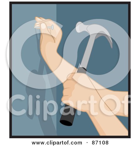 Royalty-Free (RF) Clipart Illustration of a Caucasian Woman's Hands Preparing To Hammer A Nail Into A Blue Wall by Rosie Piter