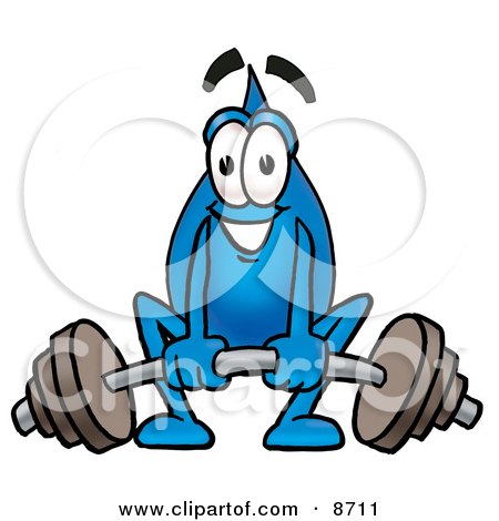 Clipart Picture of a Water Drop Mascot Cartoon Character Lifting a Heavy Barbell by Mascot Junction