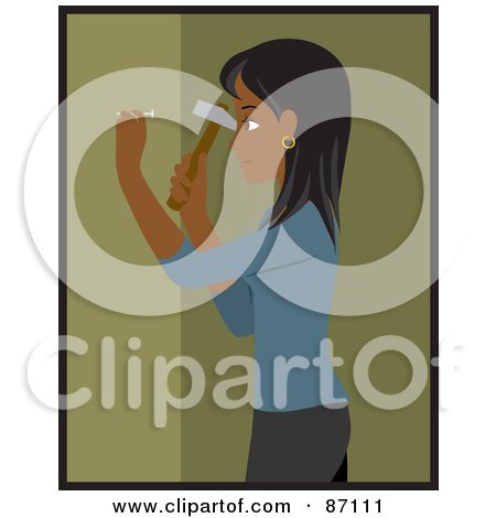 Royalty-Free (RF) Clipart Illustration of an Indian Woman Hammering A Nail Into Her Green Wall While Decorating by Rosie Piter