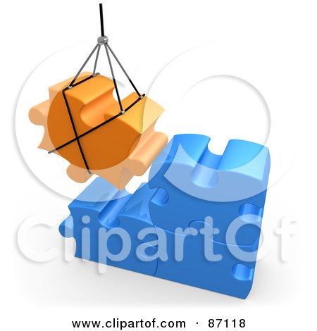 3d Rendered Orange Puzzle Piece Hoisted And Preparing To Connect To Blue Pieces Posters, Art Prints