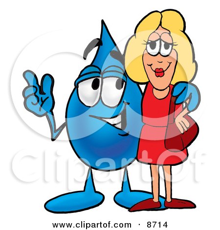 Clipart Picture of a Water Drop Mascot Cartoon Character Talking to a Pretty Blond Woman by Mascot Junction